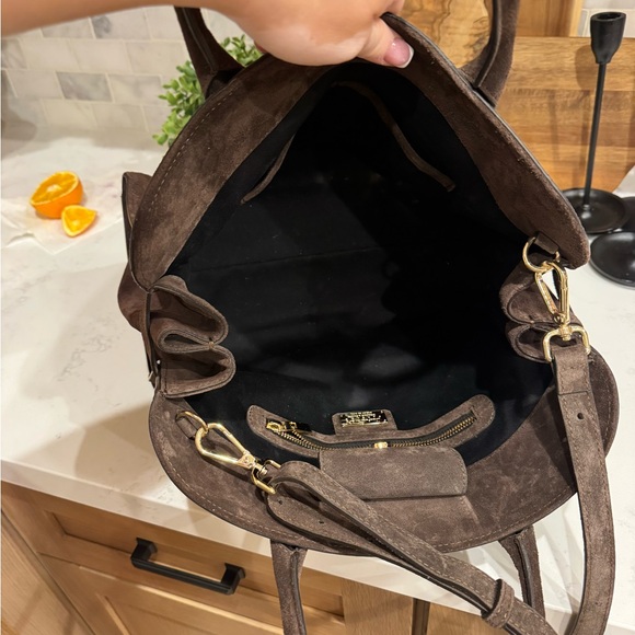 Brown Italian Suede Handbag with Gold Accents - Picture 3 of 4